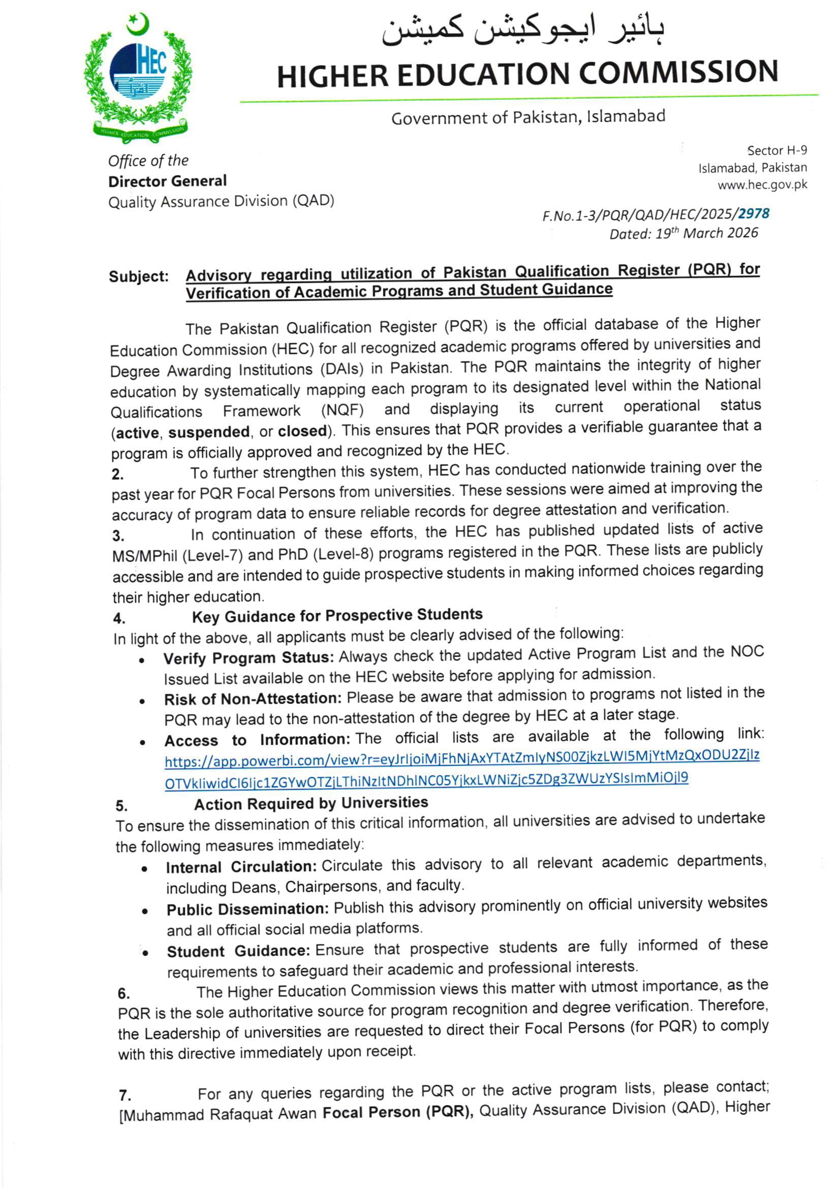 Advisory Regarding Utilization of Pakistan Qualification Register (PQR) for Verification of Academic Programs and Student Guidance
